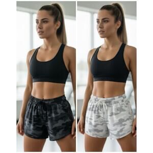 Women’s/Teen Soft Shorts, Set of 2 Black Camo/White, Drawstring & Pockets EUC‎